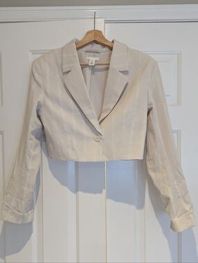 H&M Cropped Ivory Cream Striped Textured Blazer Jacket S Casual Chic